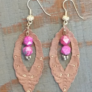 Genuine Handtooled Leather Earrings w/ Ruby Stone